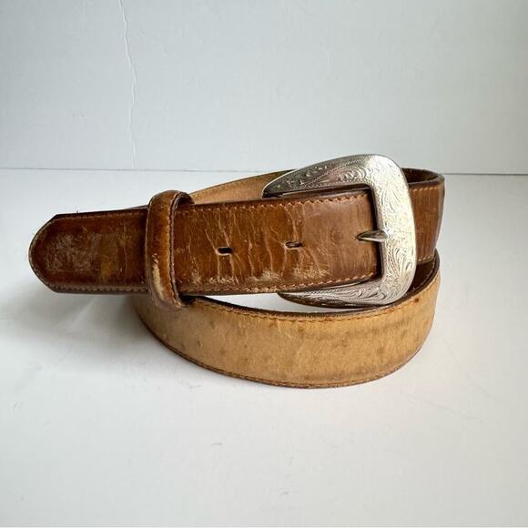 Ostrich Leather Belt Exotic Brown Tan Vintage Distressed Western Silver Mens 40 - Picture 16 of 16